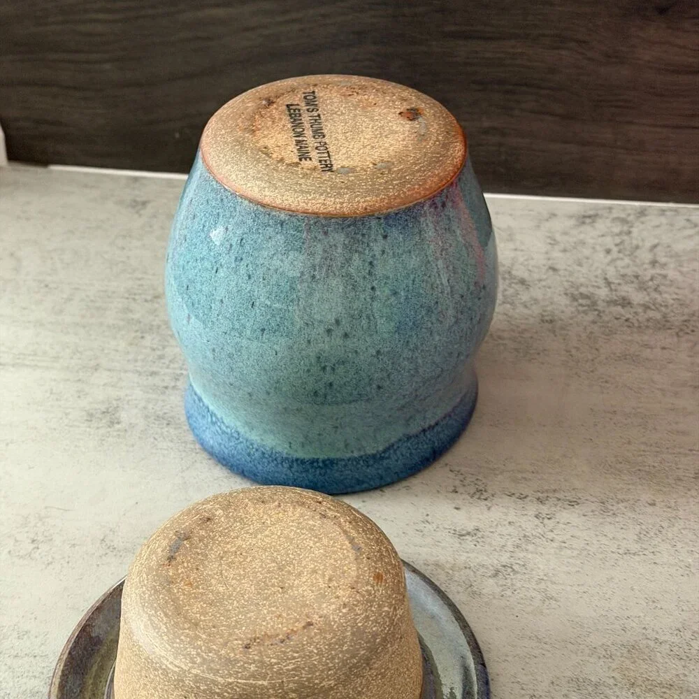 Vintage Studio Pottery Blue Butter Dip Chiller Tom's Thumb Pottery Lebanon ME